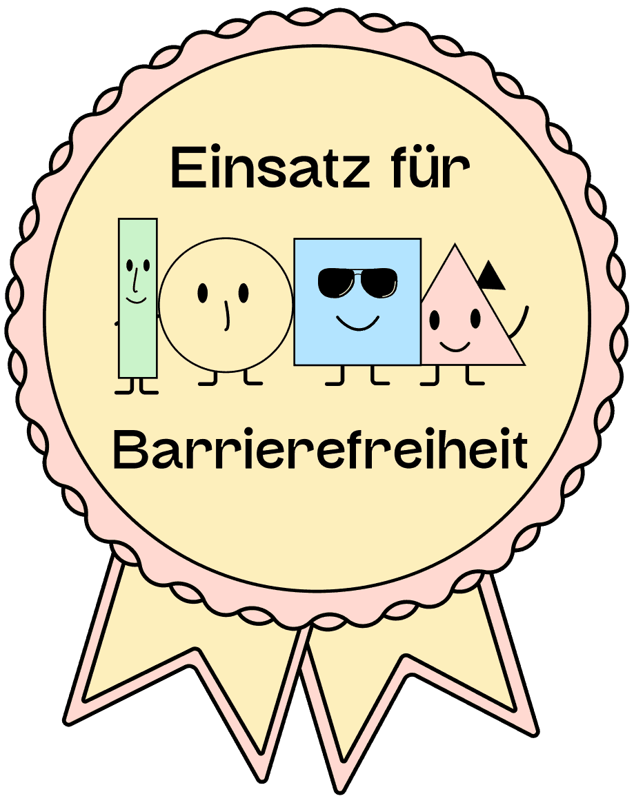 Die Badge Einsatz für Barreirefreiheit mit den vier Maskottchen von Gehirngerecht Digital
